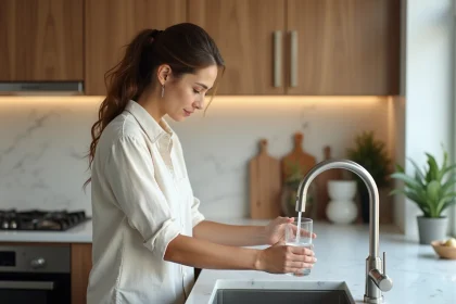Femme remplissant un verre d'eau au robinet dans une cuisine moderne, illustrant la consommation d'eau quotidienne