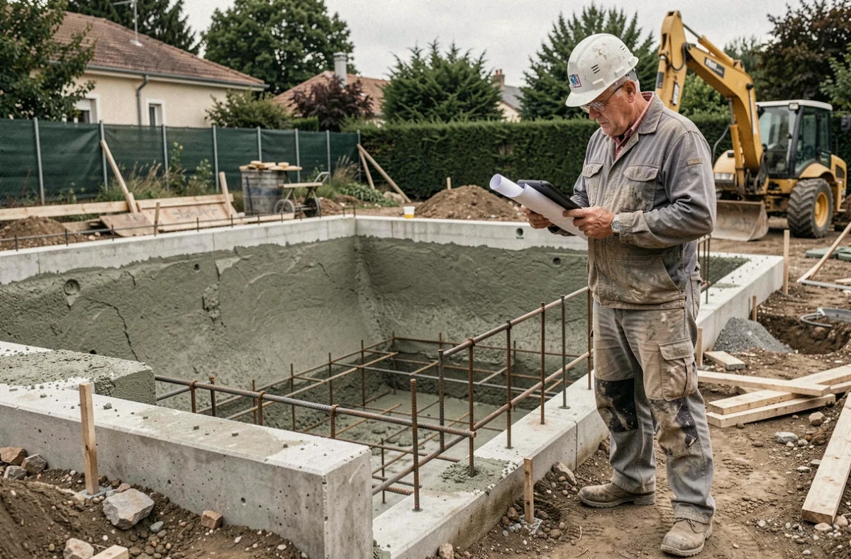 Chantier de construction d'une piscine en béton projeté ACBF avec structure d'armatures métalliques dans une propriété lyonnaise