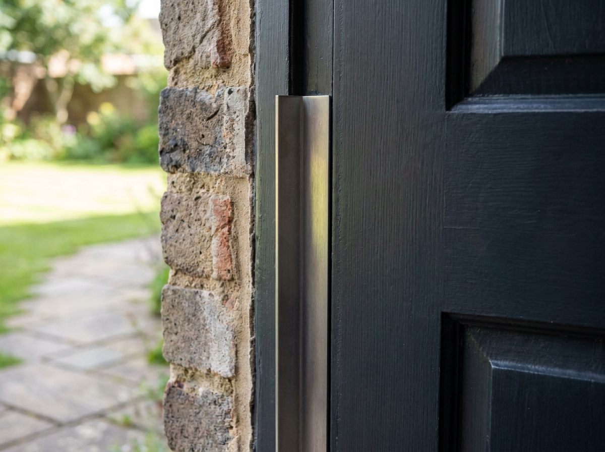 Cornière anti-pinces en acier brossé installée sur le chant d'une porte d'entrée en bois pour empêcher le forçage