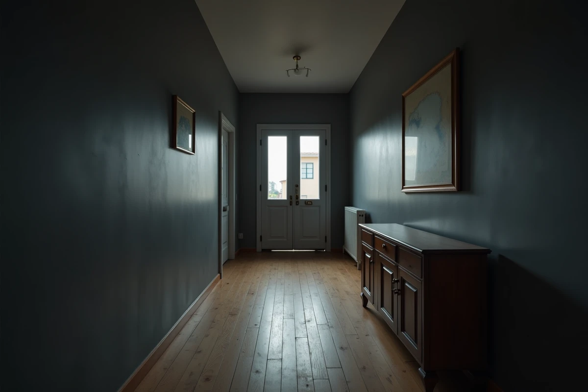 Couloir étroit peint en gris foncé avec un effet visuel oppressant et rétrécissement de l'espace