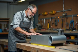 Artisan positionnant un tube en aluminium rectangulaire dans un étau d'établi pour une découpe précise