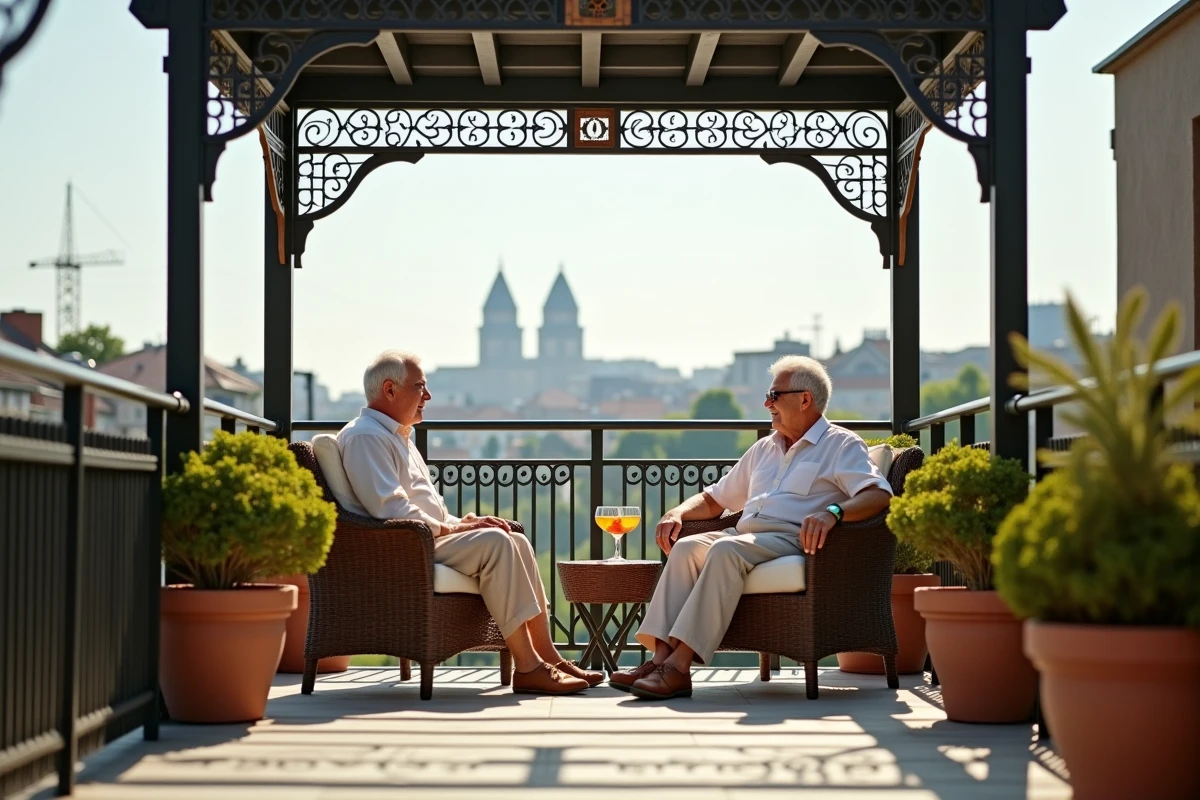 Couple retraité assis sous une pergola en fer forgé sur un balcon
