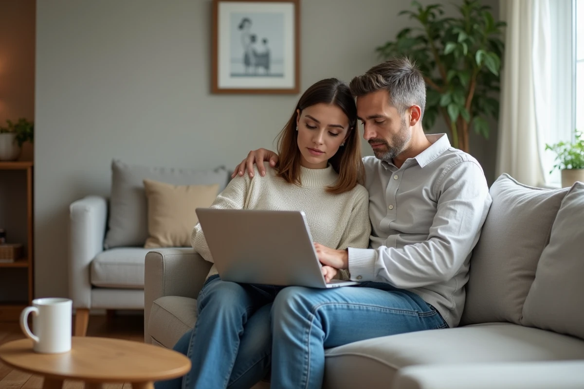 Couple comparant des offres d'assurance habitation sur un ordinateur portable dans leur salon