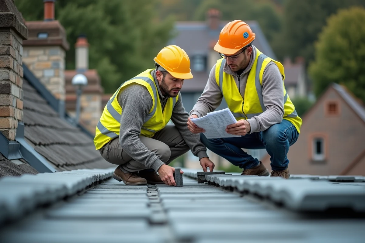Deux couvreurs professionnels travaillant sur une toiture en tuiles grises avec devis, illustrant le coût de la main-d'œuvre en toiture