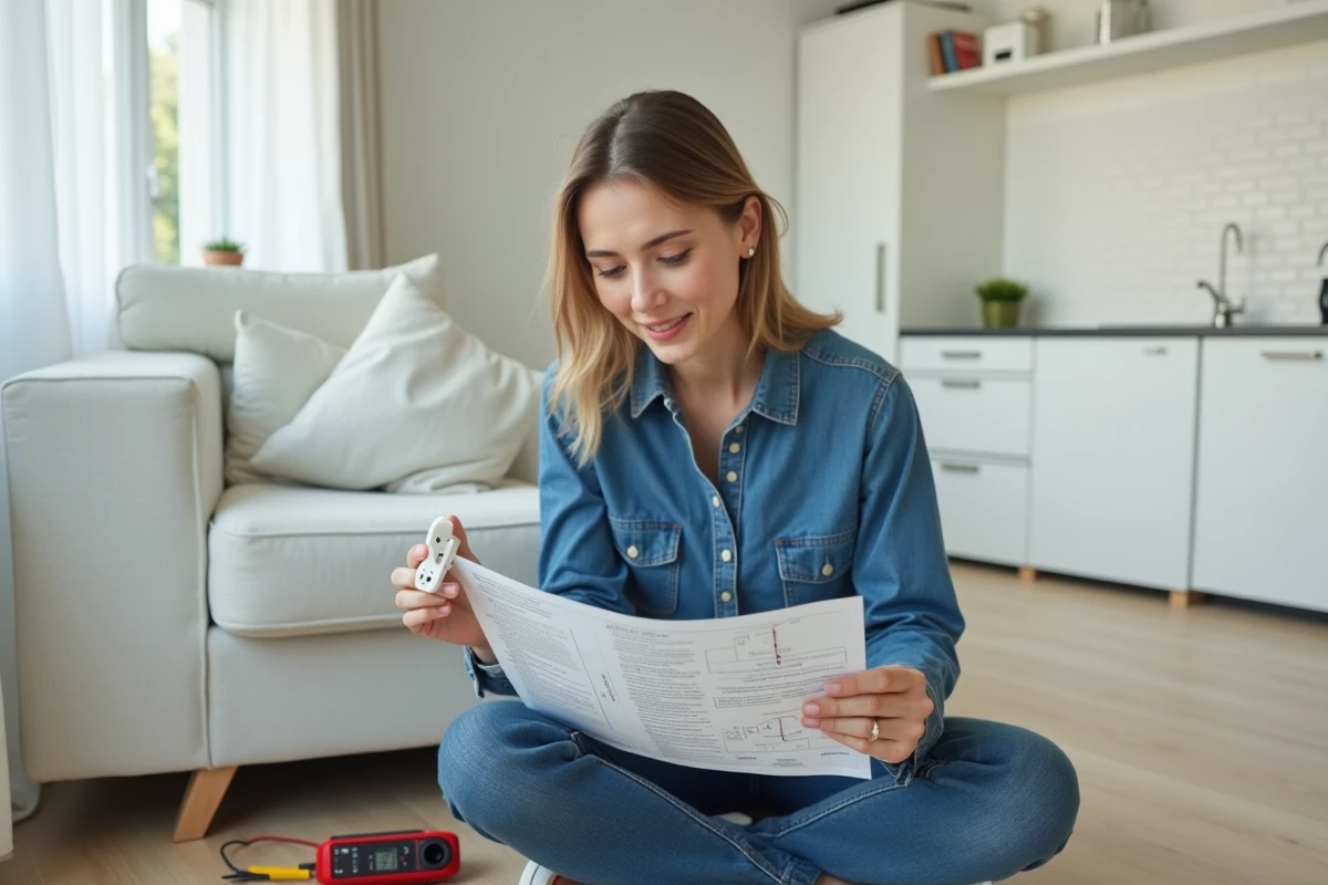 Femme débutante lisant une notice de branchement de prise électrique assise sur le parquet d'un appartement en rénovation