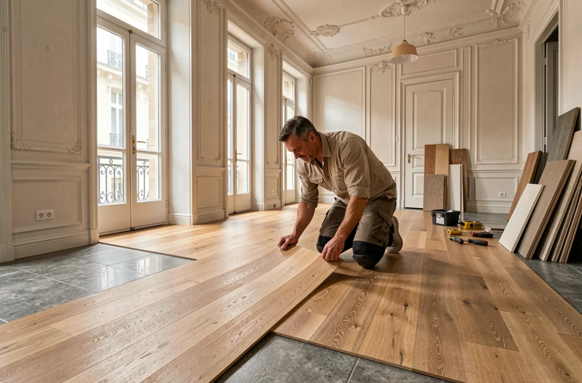 Spécialiste de Décors Parquets posant du parquet en chêne à côté d'un carrelage en pierre dans un appartement marseillais