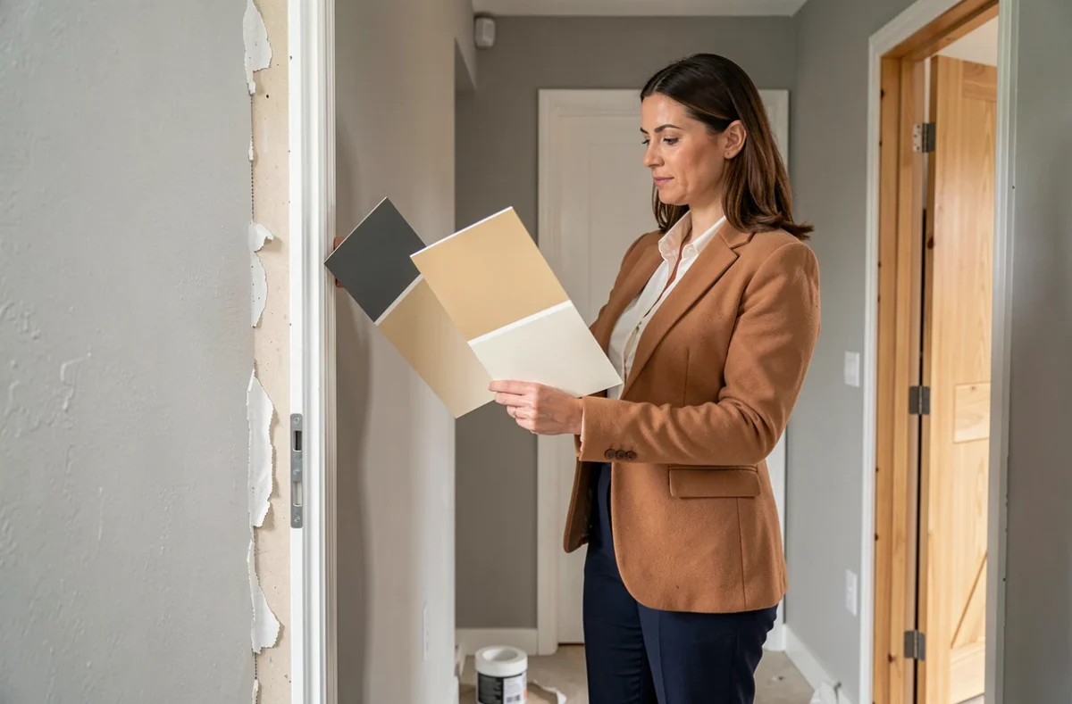 Designer d'intérieur comparant des échantillons de couleurs profondes et neutres pour une entrée en cours de rénovation