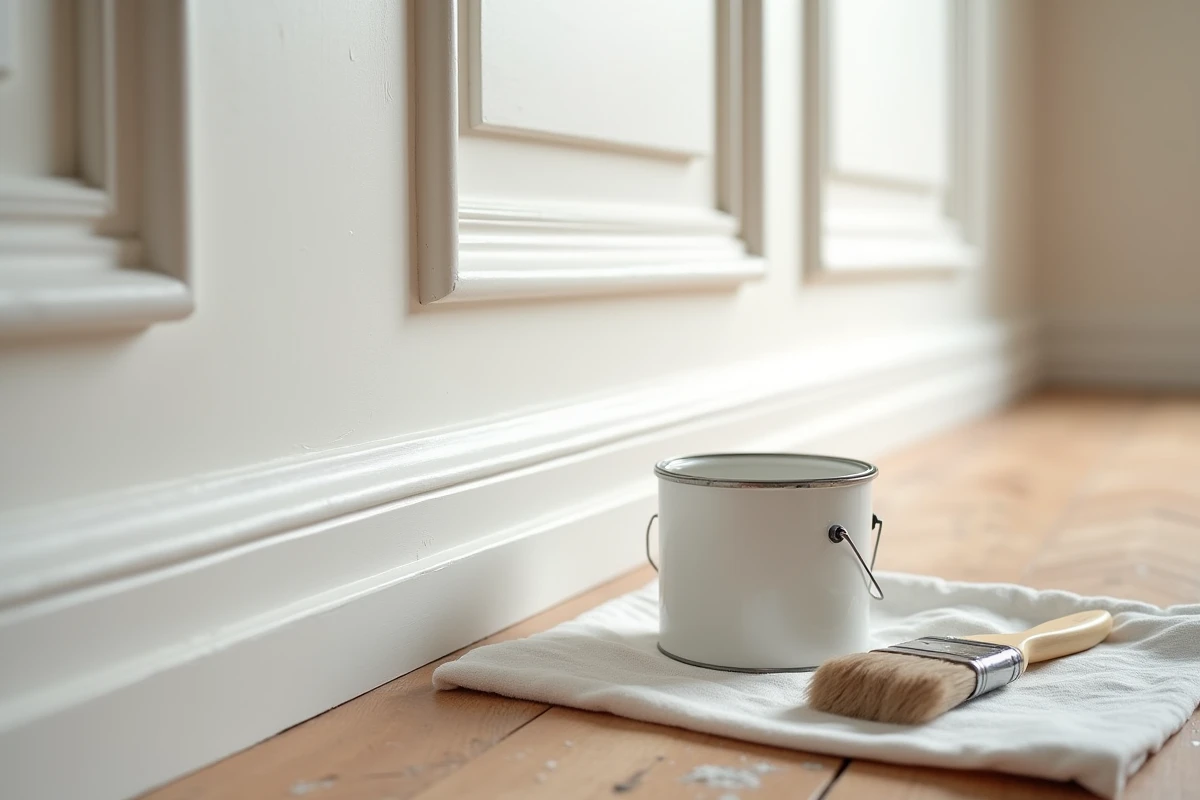 Gros plan d'une boiserie repeinte en blanc avec un pot de peinture et un pinceau sur une bâche de protection
