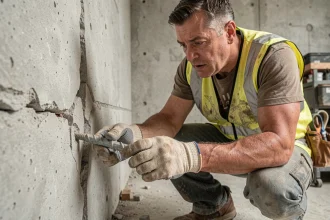 Ouvrier inspectant une cheville chimique mal posée avec des fissures visibles dans le béton