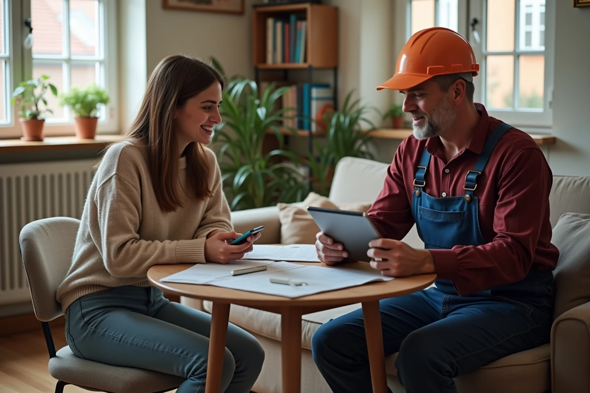 Femme et homme plombier discutent facture dans salon chaleureux