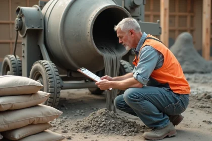 Ouvrier calculant le dosage béton avec des sacs de ciment et une bétonnière sur un chantier de construction