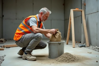 Ouvrier du bâtiment dosant du ciment en poudre pour la préparation d'une chape dans un chantier industriel