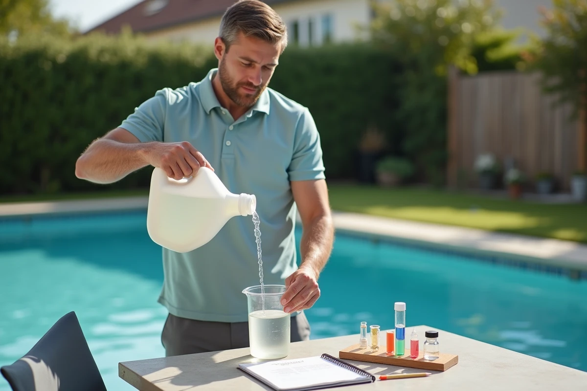 Homme versant de la javel dosée dans un bécher à côté d'une piscine de jardin avec kit d'analyse d'eau