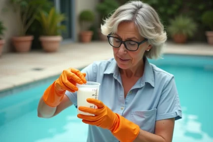 Femme mesurant la quantité de javel pour traiter une piscine résidentielle, vue de trois quarts