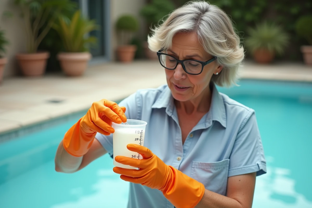 Femme mesurant la quantité de javel pour traiter une piscine résidentielle, vue de trois quarts