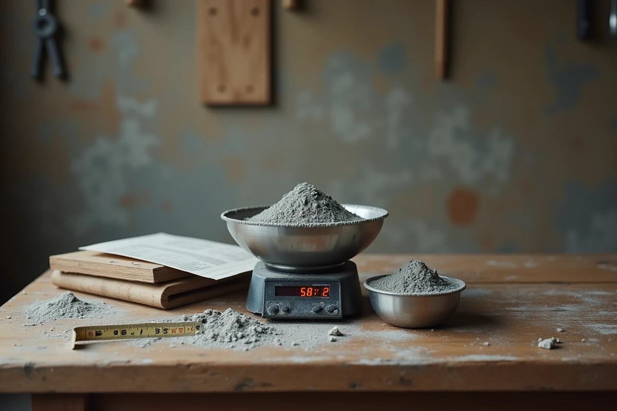 Balance numérique avec dosage précis de ciment en poudre pour la préparation d'une chape, sur un établi d'atelier