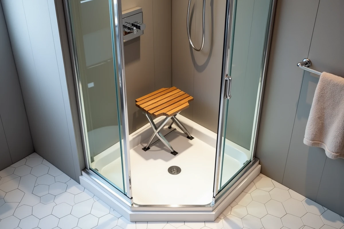 Douche d'angle gain de place avec receveur pentagonal 70x90 cm installée dans un coin de petite salle de bain parisienne