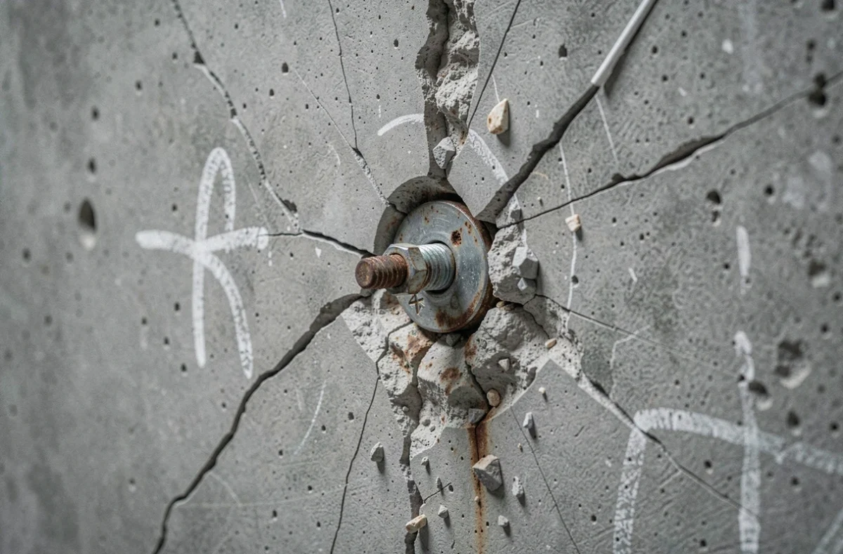 Gros plan sur des fissures et éclats de béton autour d'une cheville chimique mal installée