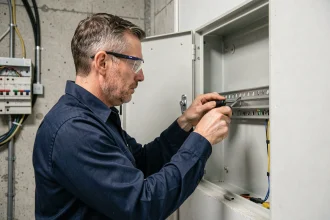 Électricien professionnel installant un rail DIN dans un tableau électrique ouvert monté sur un mur de béton