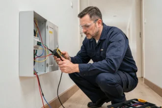 Électricien professionnel examinant un tableau électrique dans un couloir résidentiel moderne