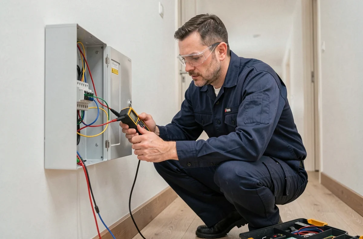Électricien professionnel examinant un tableau électrique dans un couloir résidentiel moderne