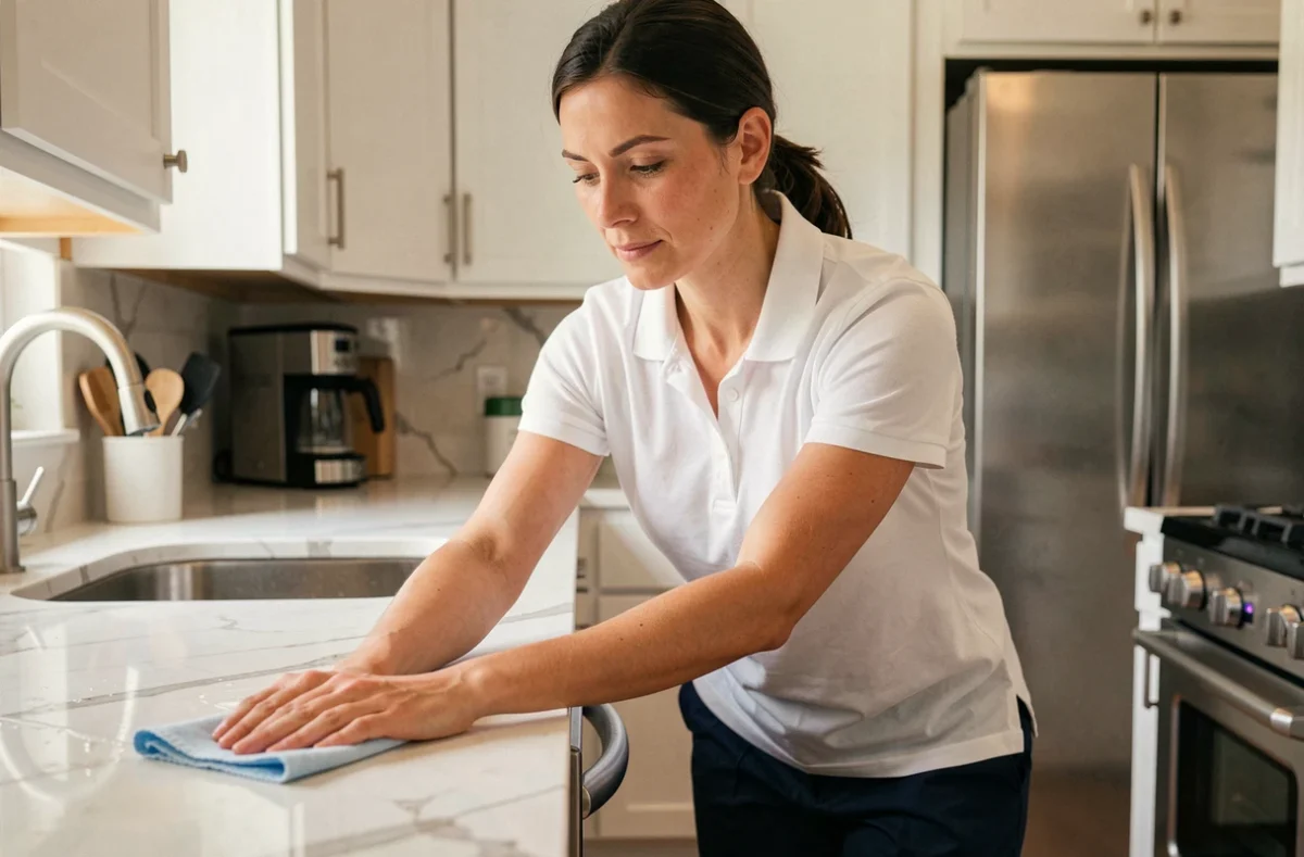 Employée de ménage essuyant le plan de travail d'une cuisine équipée, représentant les services de nettoyage à domicile et leur tarification avec Wecasa