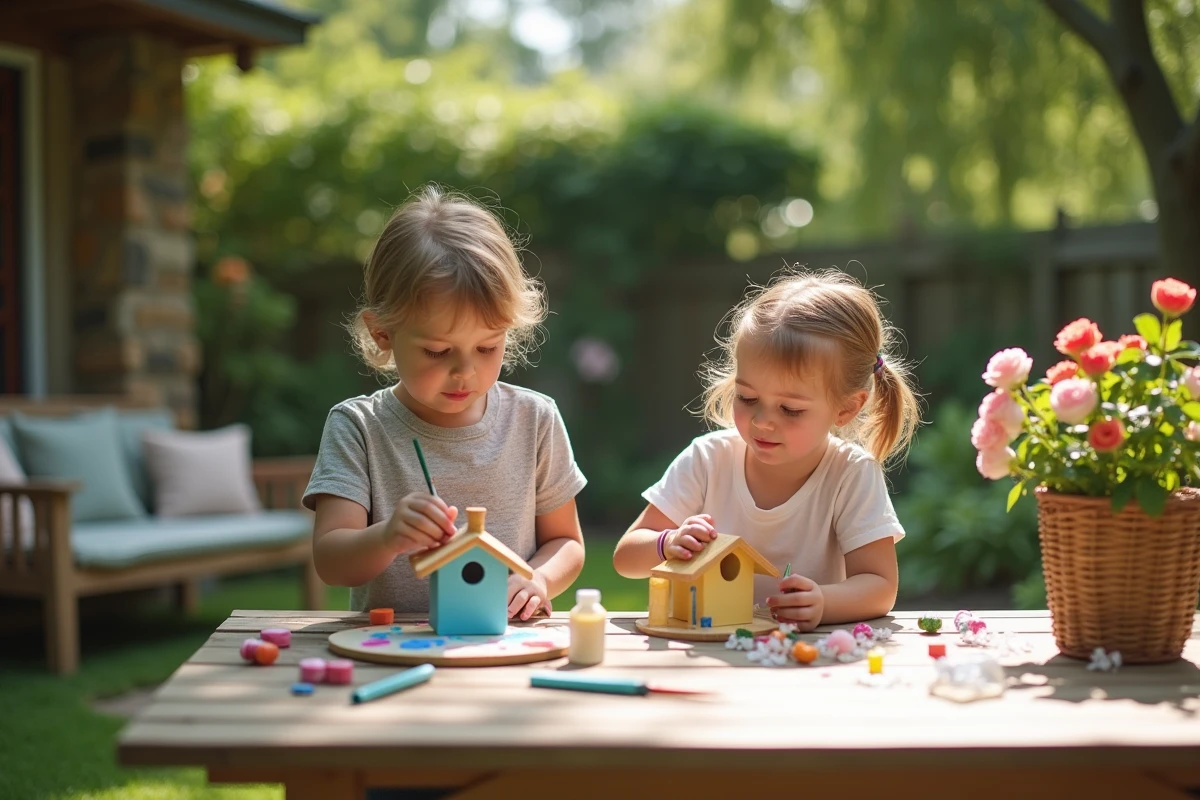 Enfants peignant des petits abris à oiseaux dans le jardin