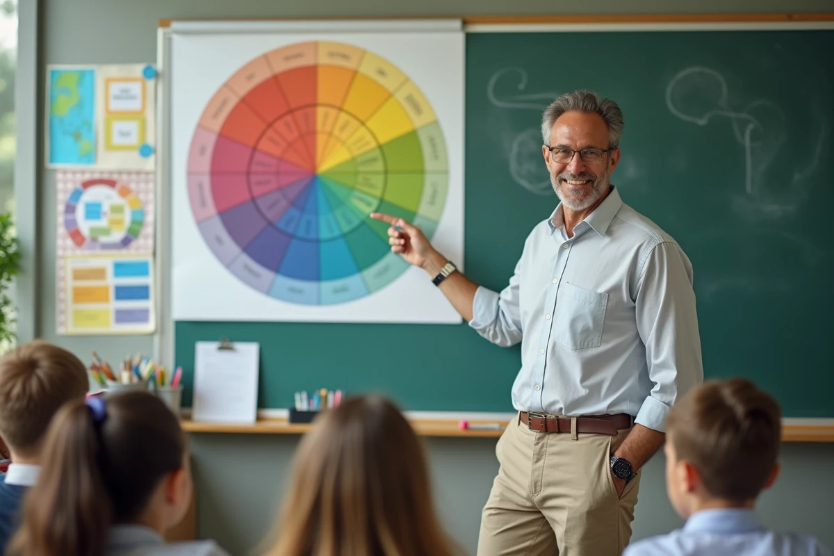 Enseignant expliquant un cercle de couleurs dans une classe