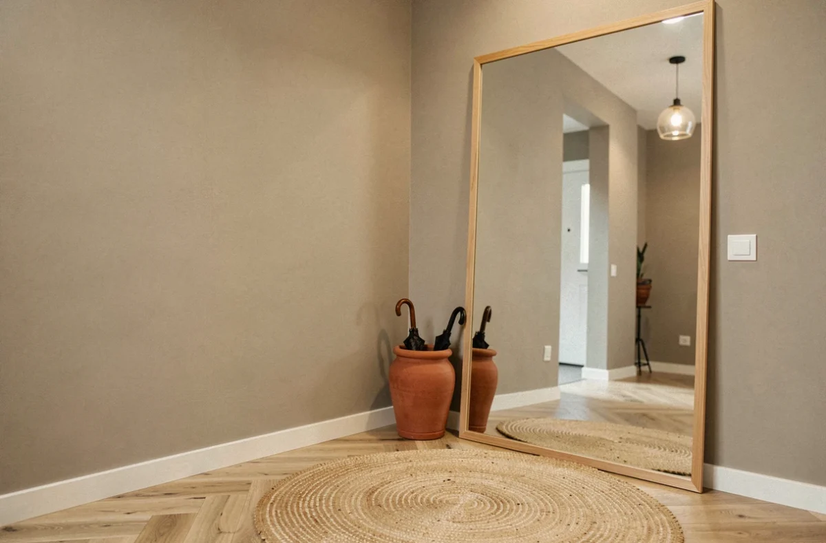 Entrée d'appartement moderne aux tons neutres chauds avec miroir en chêne, tapis jute et sol parquet en chevrons