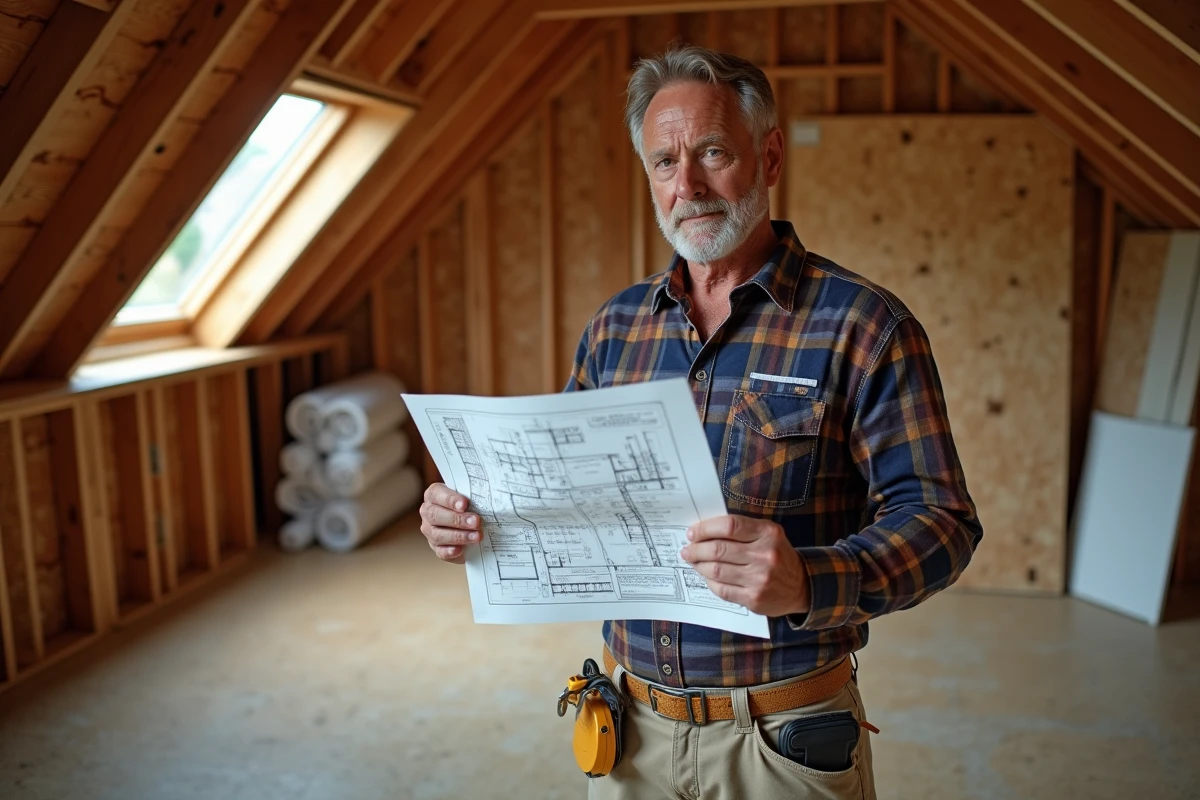 Entrepreneur en charpente étudiant des plans de toiture dans un grenier avec structure en bois, représentant les coûts et devis de charpente