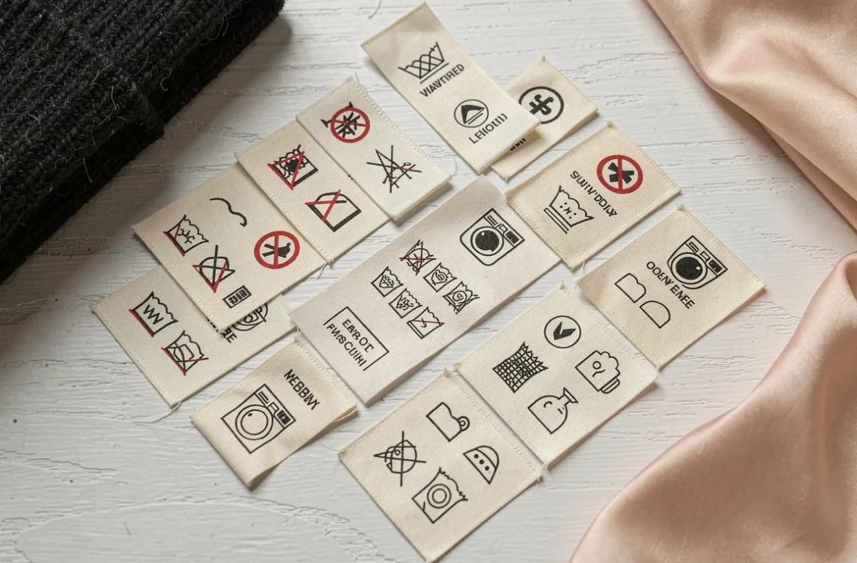 Gros plan sur des étiquettes de vêtements affichant divers pictogrammes de soin du linge disposées à plat sur une surface blanche