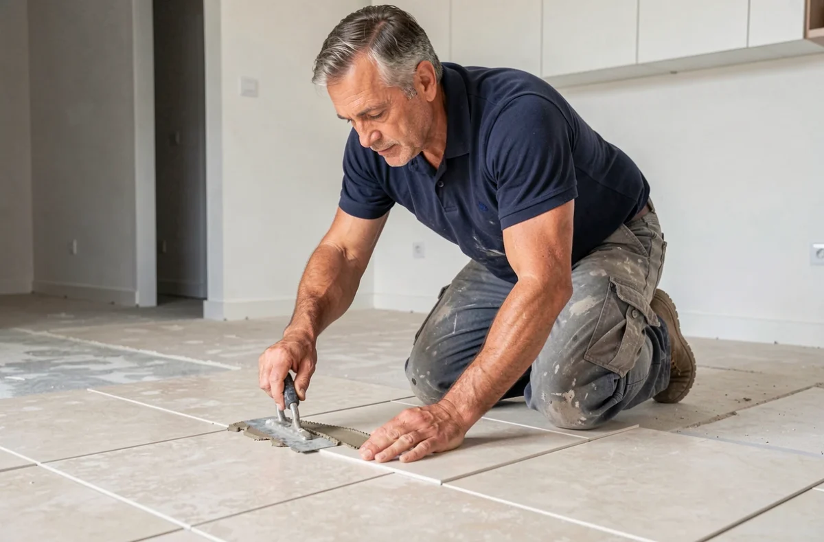 Artisan carreleur de l'EURL Busato posant des carreaux en grès cérame dans un appartement moderne à Marseille