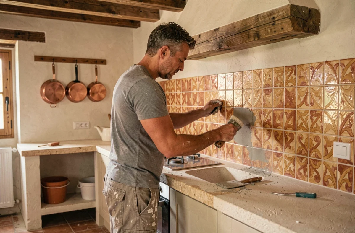 Artisan de l'EURL Décoration Aménagement Rénovation Carrelage appliquant du joint sur un carrelage mural décoratif en cuisine