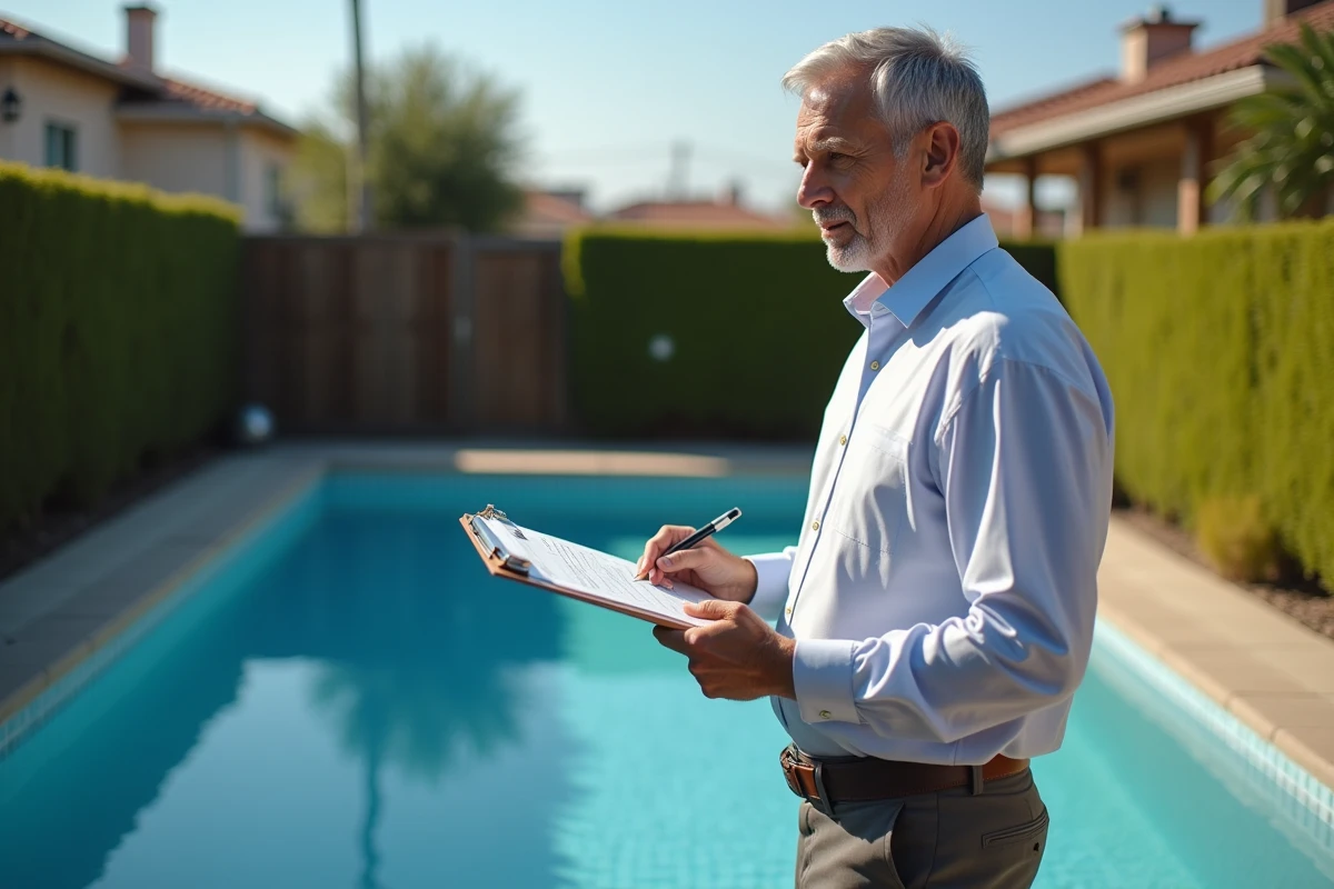 Agent immobilier inspectant une piscine dans un jardin résidentiel