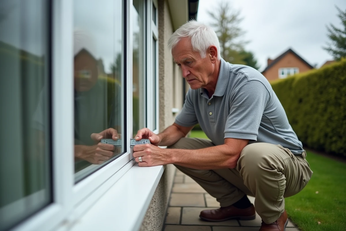 Expert immobilier mesurant l'épaisseur d'un double vitrage lors d'une inspection avant achat