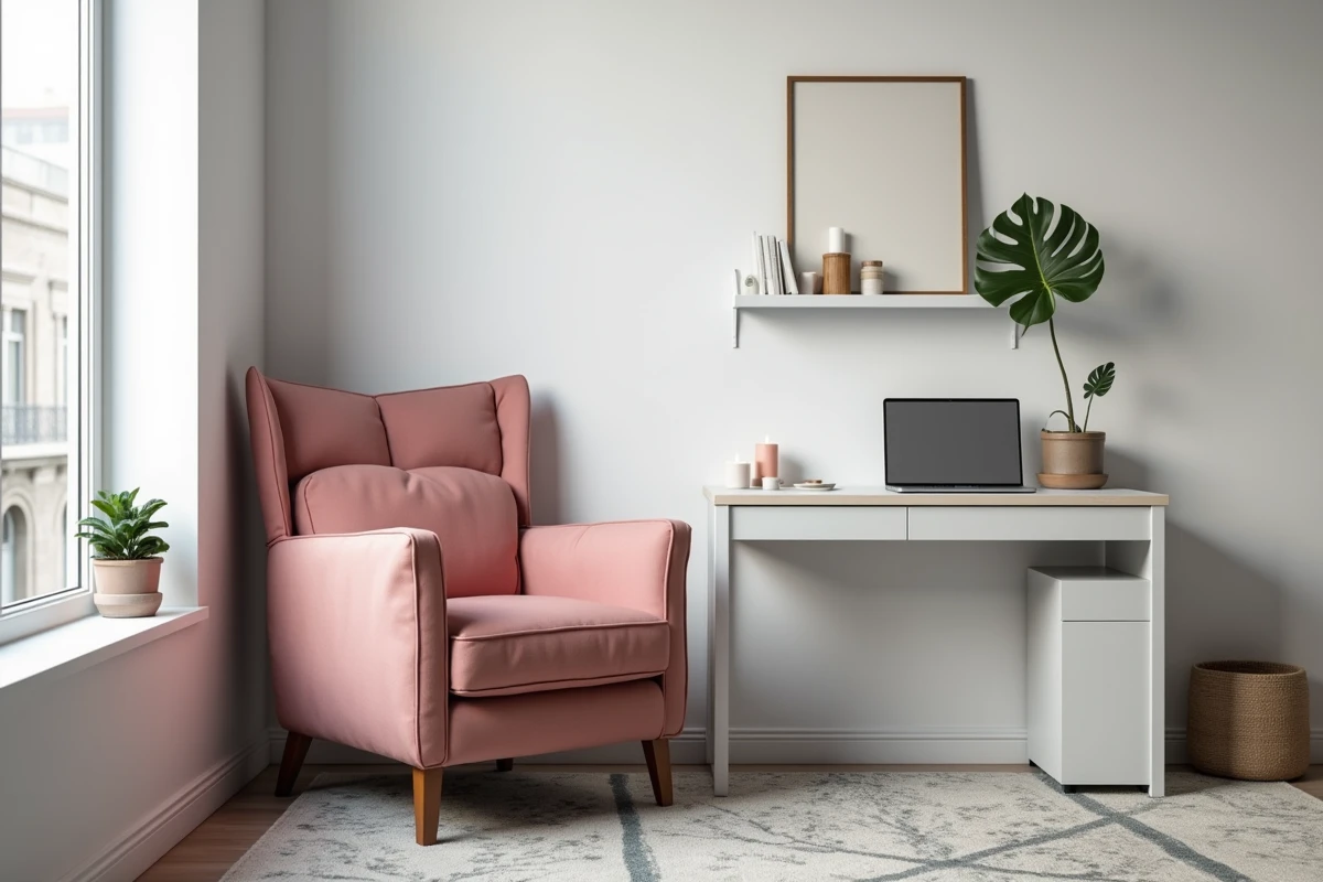 Fauteuil Voltaire rénové en coton rose poudré dans un coin bureau compact avec plante monstera