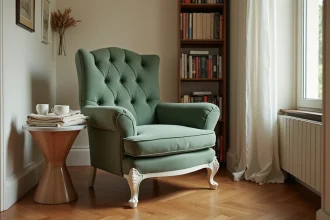 Fauteuil Voltaire rénové en velours vert sauge dans un petit salon parisien avec parquet et bibliothèque