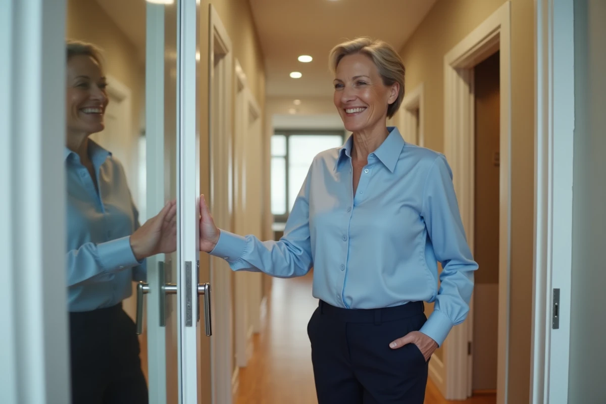 Femme accueillante parlant avec un professionnel à la porte