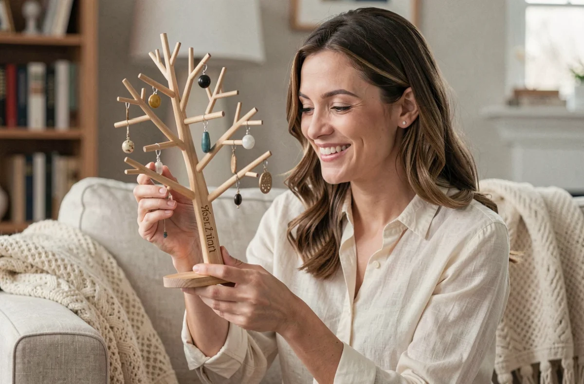 Femme tenant un arbre à bijoux en bois personnalisé gravé avec un prénom, dans un salon chaleureux et cosy