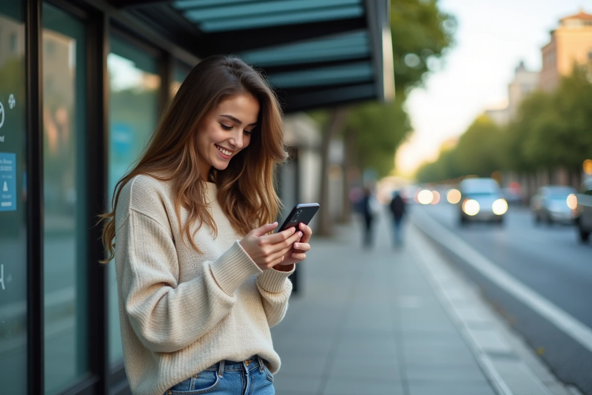Jeune femme attend le bus en regardant son smartphone