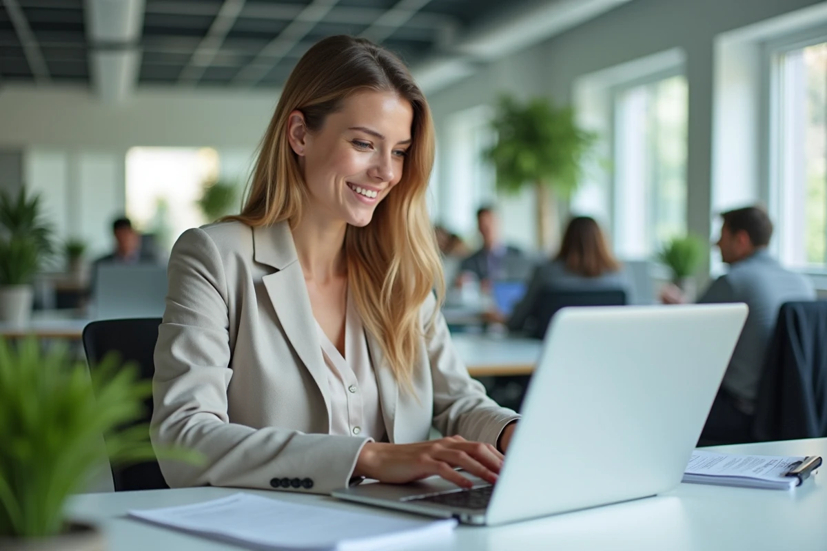 Jeune femme au bureau calculant la paie sur son ordinateur
