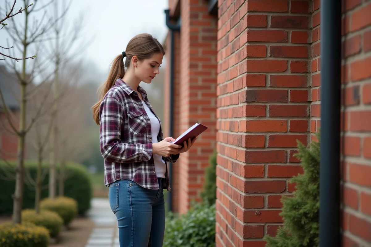 Jeune femme inspectant une cheminée extérieure