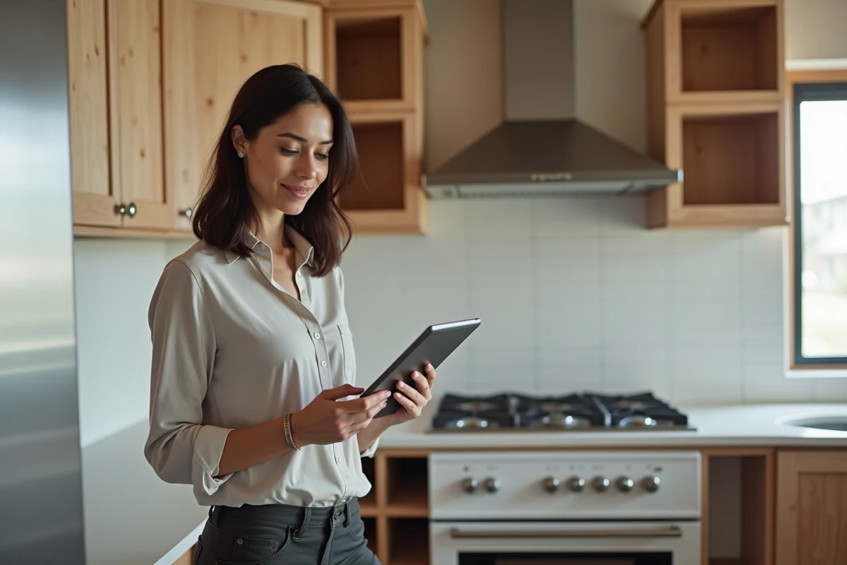 Jeune femme vérifiant une liste de rénovation dans la cuisine
