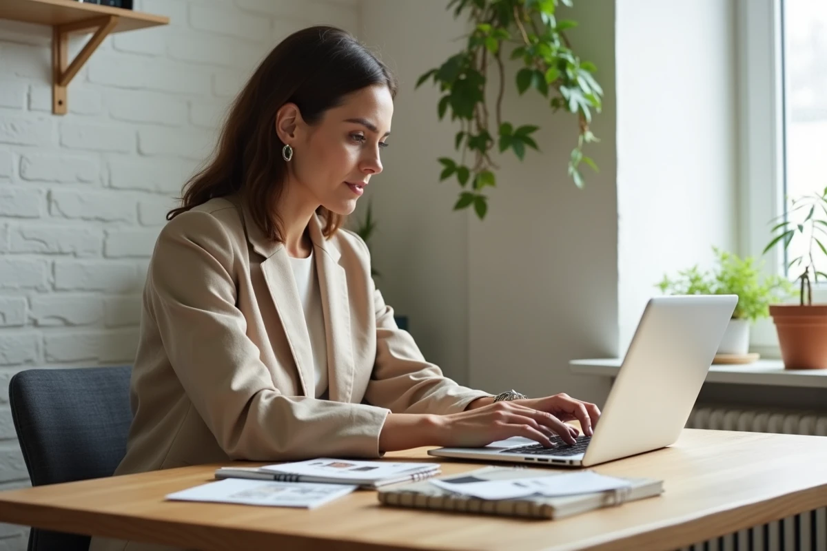 Femme comparant des matériaux éco-responsables sur une plateforme en ligne depuis son bureau à domicile