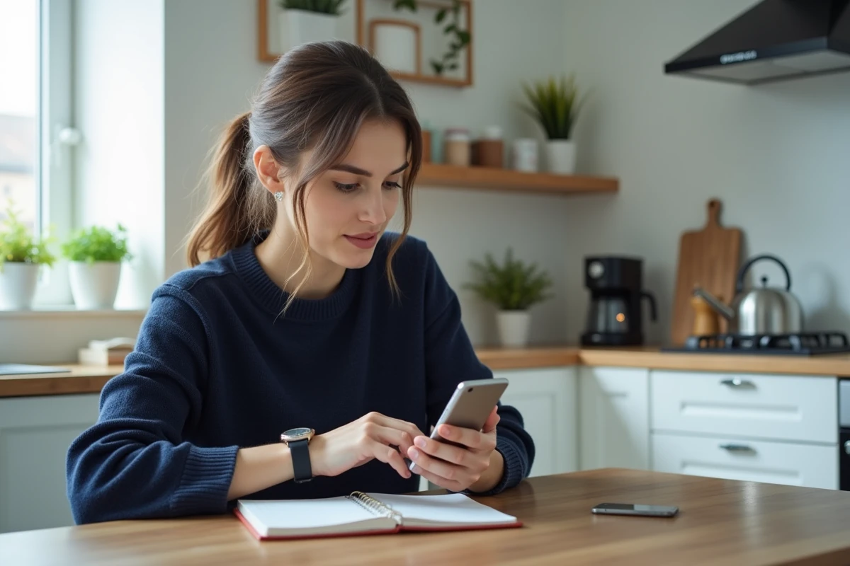 Femme comparant les prix de remplacement de pile de montre sur son smartphone à la maison