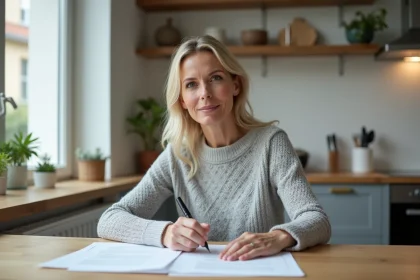 Femme consultant son contrat d'assurance habitation MACIF à la table de sa cuisine dans un appartement moderne