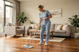 Femme de ménage professionnelle utilisant une serpillière microfibre dans un appartement moderne, illustrant le coût d'un service de ménage à domicile
