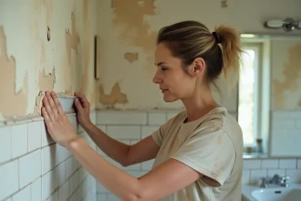 Femme décollant du papier peint humide dans une salle de bains avec les mains