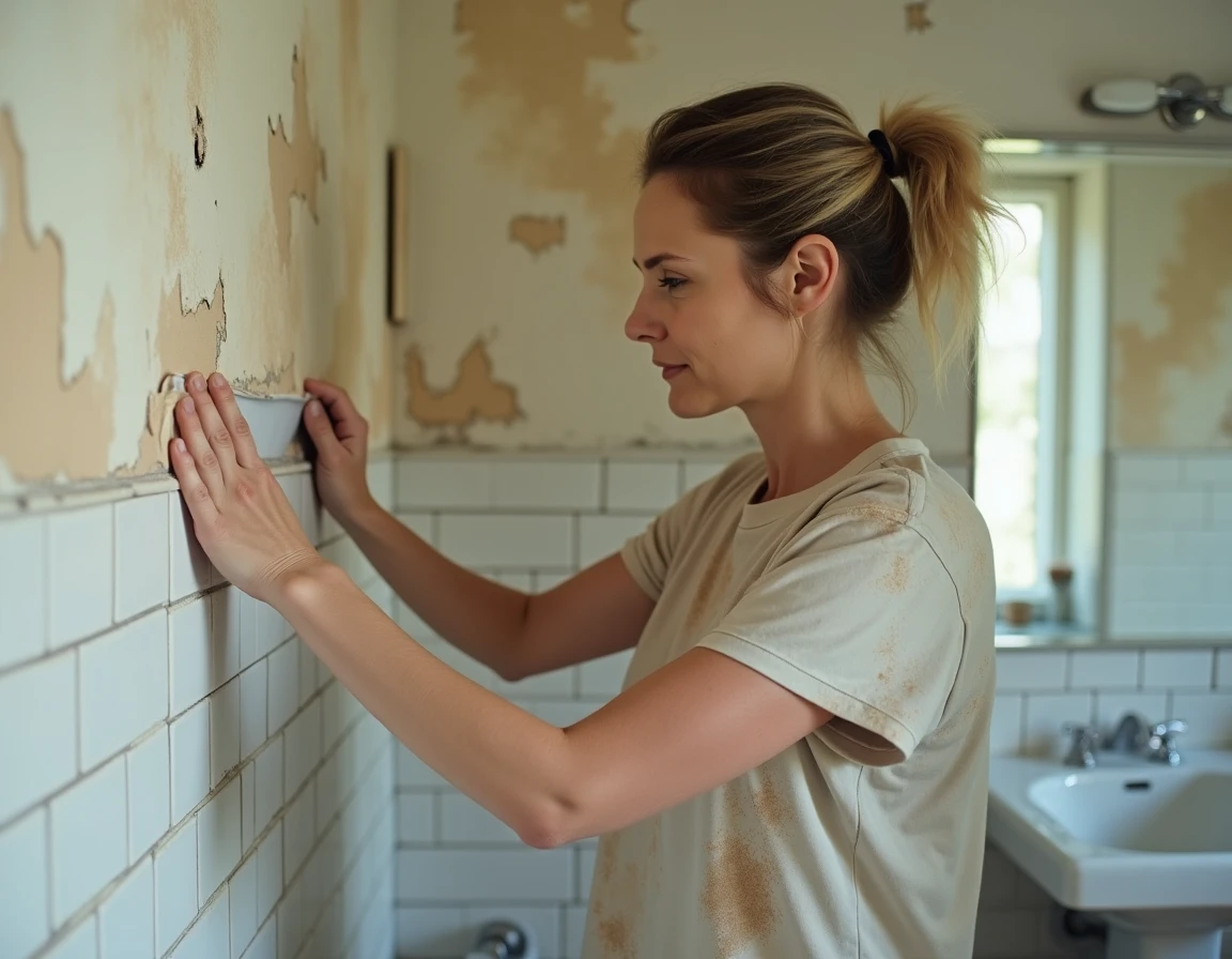 Femme décollant du papier peint humide dans une salle de bains avec les mains