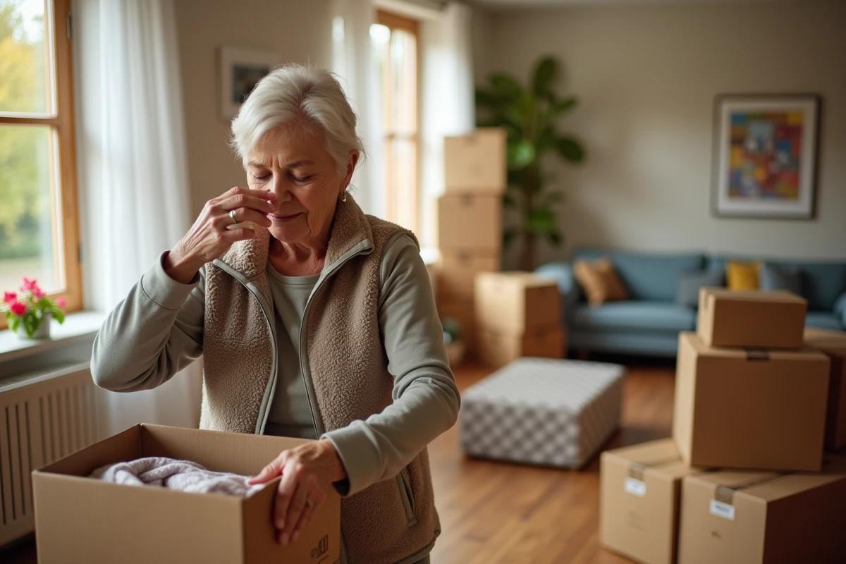 Femme déballant une boîte dans un salon lumineux